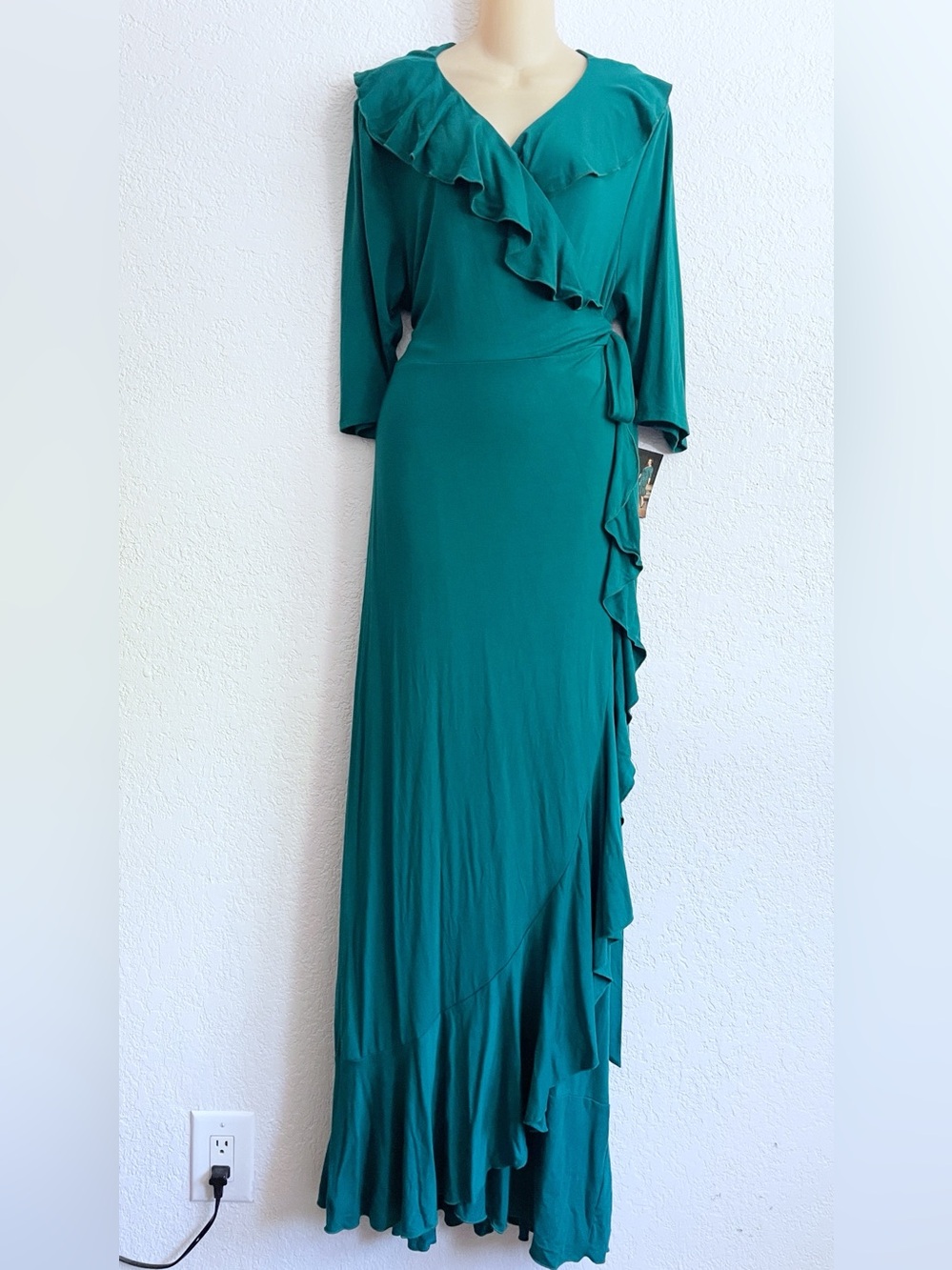 NWT Kiyonna Teal Ruffle Wrap Maxi Dress Plus Size 2X Jersey Elegant Curves Party
